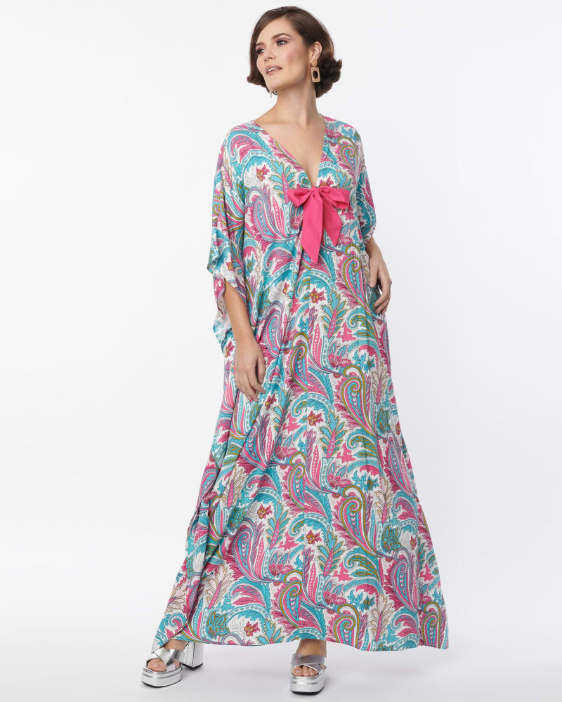 Front of a model wearing a size One Size Unique Vintage Pink & Blue Paisley Print Bow Front Caftan in Pink, Blue by Unique Vintage. | dia_product_style_image_id:287426